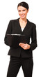 Young businesswoman with clipboard on white