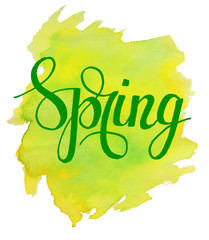 Wall Mural - Hello Spring lettering on yellow green watercolor stroke.