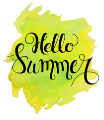 Wall Mural - Hello summer lettering on yellow green watercolor stroke