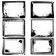 Set of black ink grunge frames with spots on white background. B