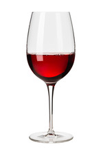 Single Glass Of Red Cabernet Pino Merlot Malbec Wine With Bubbles And Deep Red Glow Isolated On White Background