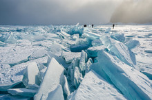 People From The Huge Ice Floes Of Lake Baikal At Dawn