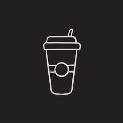 Sticker - Disposable cup with drinking straw sketch icon.