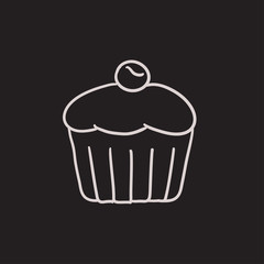 Sticker - Cupcake with cherry sketch icon.