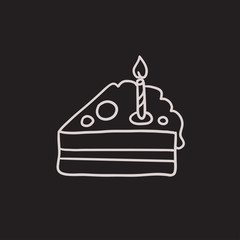 Sticker - Slice of cake with candle sketch icon.