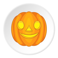 Poster - Pumpkin lantern icon in cartoon style on white circle background. Halloween symbol vector illustration