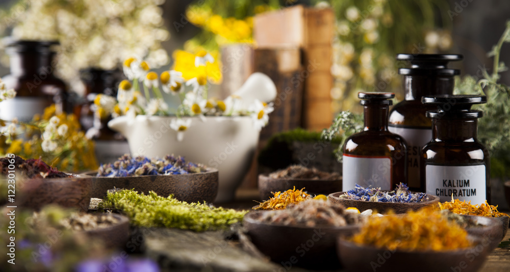 Alternative medicine, dried herbs and mortar on wooden desk back - obrazy, fototapety, plakaty 