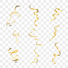 Gold Streamers Set. Golden Serpentine Ribbons, Isolated On Transparent Background. Decoration For Party, Birthday Celebrate Or Christmas Carnival, New Year Gift. Festival Decor. Vector Illustration
