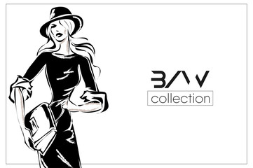 Black and white fashion woman model with boutique logo background. Vector illustration