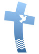 Blaues Kreuz mit Taube und Wasser.