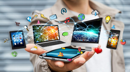 Wall Mural - businessman connected tech devices and icons applications