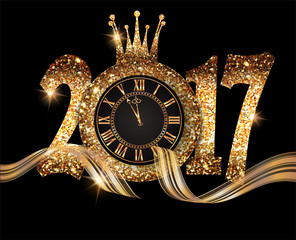 Wall Mural - 2017 New Year composition with gold clock and numbers. Gold paper texture.