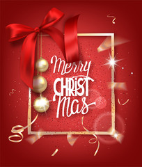 Wall Mural - MERRY CHRISTMAS RED BACKGROUND WITH GOLD FRAME, BALLS AND SILK BOW