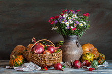 Still Life In A Rustic Style. Autumn Collection. Harvest. Natural Light From The Window.
