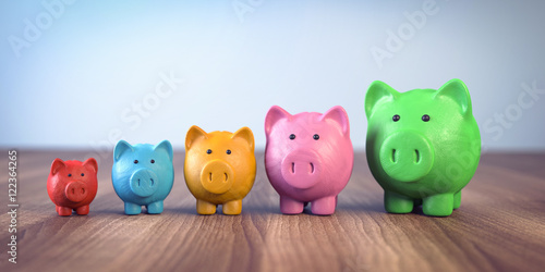 Fotografía 3d bunte Sparschweine aus knetmasse zeigen das wachstum der ersparnisse