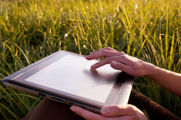 wooman holding digital tablet