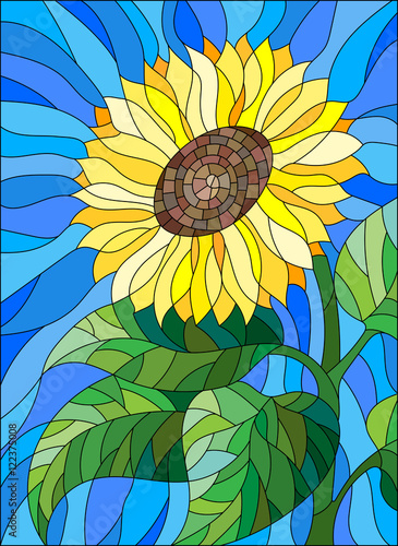 Fototapeta na wymiar Illustration in stained glass style flower sunflower on a blue background