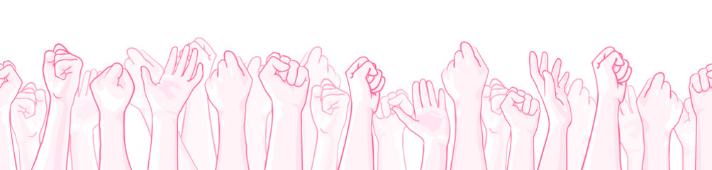 Pink extra wide seamless border with raised hands of many people, support symbol. Vector hand drawn illustration, isolated on white. Design element for October, National Breast Cancer Awareness Month