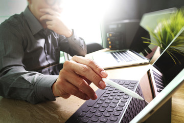 Fototapete - Outsource Developer working on marble Desk Working Laptop Comput