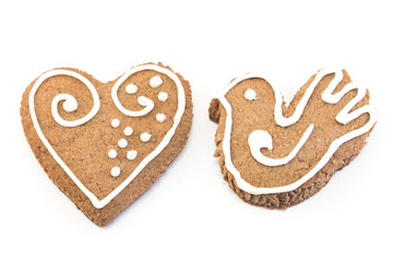 Wall Mural - Gingerbread Cookie Heart and Bird Isolated on White