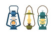 Vintage oil lantern set isolated on white background. Different camping lamp collection. Modern and retro lanterns vector illustration. Various handle gas lamps for tourist hiking.