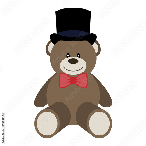 Vector illustration of a toy bear with bow tie and top hat on a white
