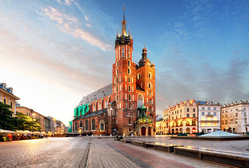 Old city center view with Adam Mickiewicz monument and St. Mary'