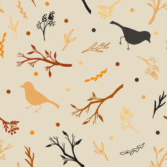 Wall Mural - Seamless autumn pattern with branches and birds