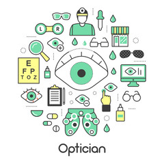 Wall Mural - Optician Thin Line Vector Icons Set with Optometry Technology and Eyeglasses