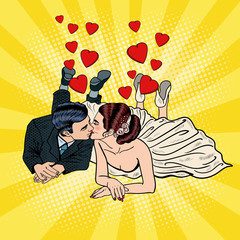 Wall Mural - Happy Wedding Couple Kissing. Pop Art Bride and Groom. Vector illustration