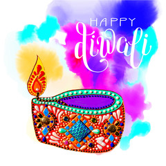 Canvas Print - original greeting card to deepavali festival with diya jewels pa