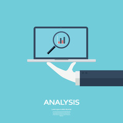 Computer analysis background with laptop and serving hand. Business report concept for presentations. 