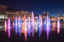 Musical Fountain With Colorful Illumination At Night With Reflection. Ukraine, Kiev. Travel Entartainment Sightseeing Background