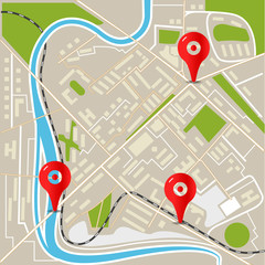 Poster - Abstract city map with red pins. Flat design illustration