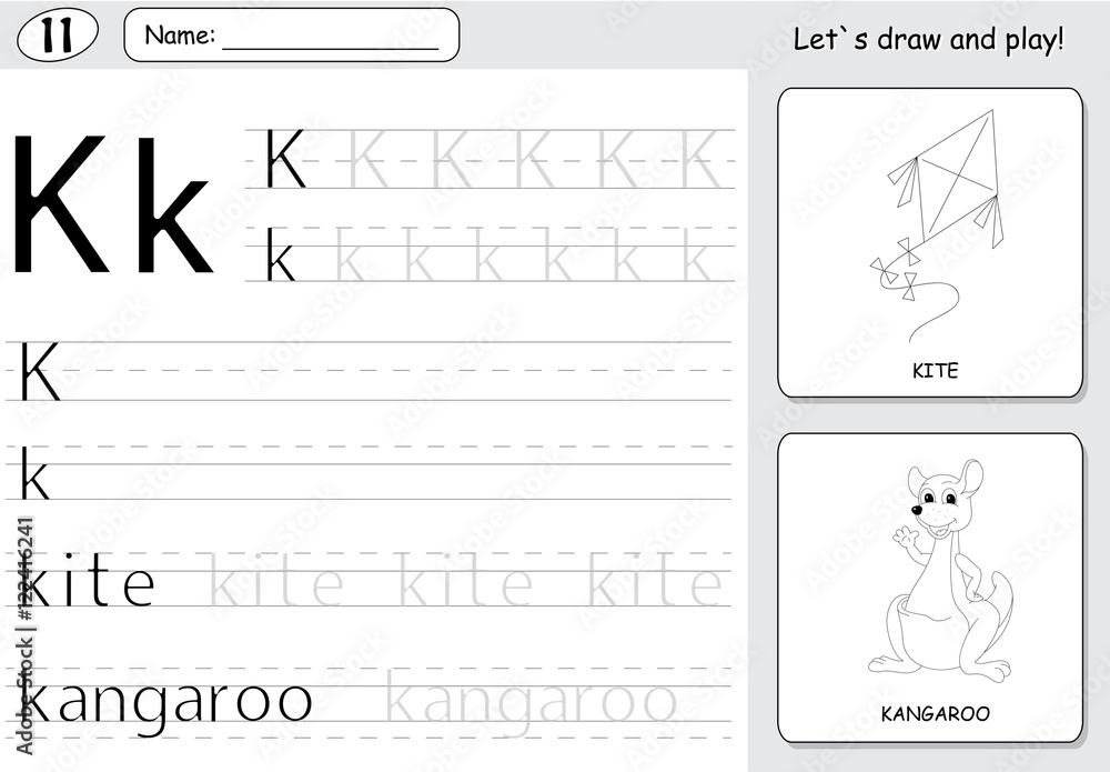 Cartoon kite and kangaroo. Alphabet tracing worksheet: writing A Stock ...