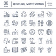 Modern vector line icon of waste sorting, recycling. Garbage collection. Recyclable waste - paper, glass, plastic, metal. Linear pictogram with editable stroke for poster, brochure of waste types.