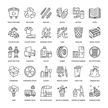 Modern Vector Line Icon Of Waste Sorting, Recycling. Garbage Collection. Recyclable Waste - Paper, Glass, Plastic, Metal. Linear Pictogram With Editable Stroke For Poster, Brochure Of Waste Management