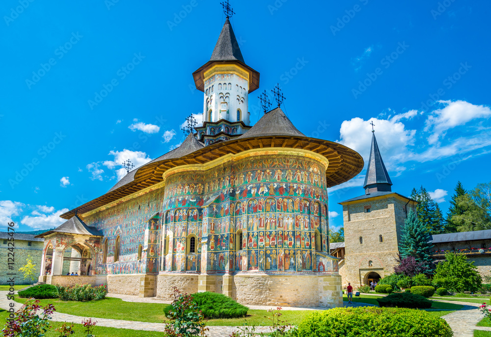 Sucevita orthodox painted church monastery protected by unesco heritage, Suceava town, Moldavia, Bucovina, Romania - obrazy, fototapety, plakaty 
