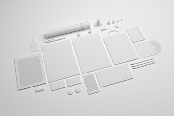 set of 3d illustration stationery mock-up with a tablet