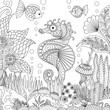 Zendoodle design of seahorse swimming under ocean surrounding by beautiful corals and seaweeds, for adult coloring book pages for anti stress - Stock Vector