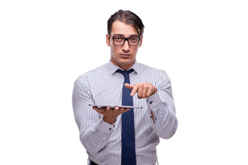 Handsome businessman working with tablet computer isolated on wh