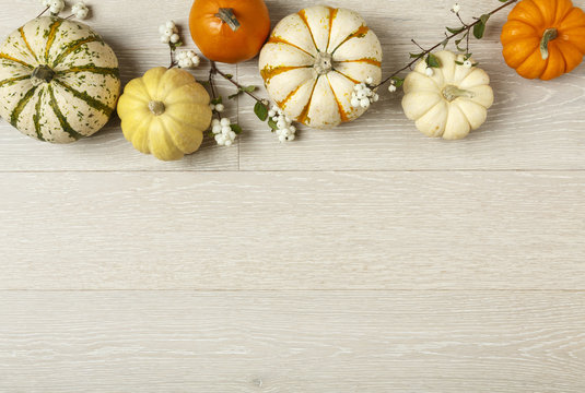 miniature pumpkins on rustic wood background. simple, natural country style fall autumn decorations.