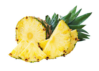 Wall Mural - Ripe whole pineapple with slices isolated on white background. Closeup.