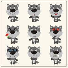 Vector Set Isolated Emotion Wolf. Collection Cute Wolf In Cartoon Style.