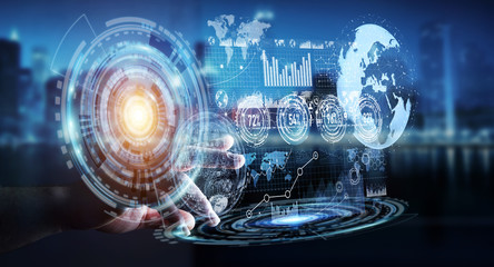 Aufkleber - Businessman using hologram screen with digital data