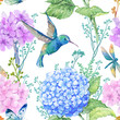 seamless pattern illustration in watercolor,pattern,ornament to textile design.Wallpaper,watercolor hydrangea flowers and dragonflies and little blue Hummingbird