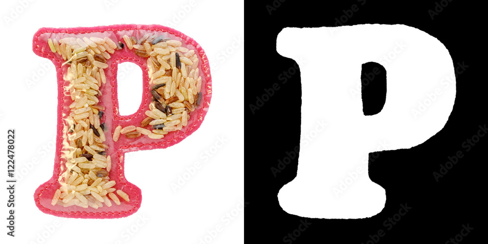 Letter P of the alphabet made of felt isolated on white with alpha mask ...