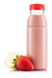 Strawberry and banana smoothie in plastic bottle