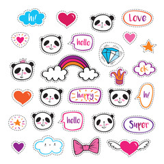set of fashion patch badges with cute pandas, hearts, stars and bubbles. stickers, pins, patches. do
