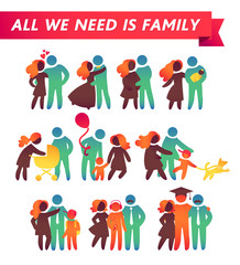 Wall Mural - Happy family icon multicolored set in simple figures. Children, dad and mom stand together. Vector can be used as logotype